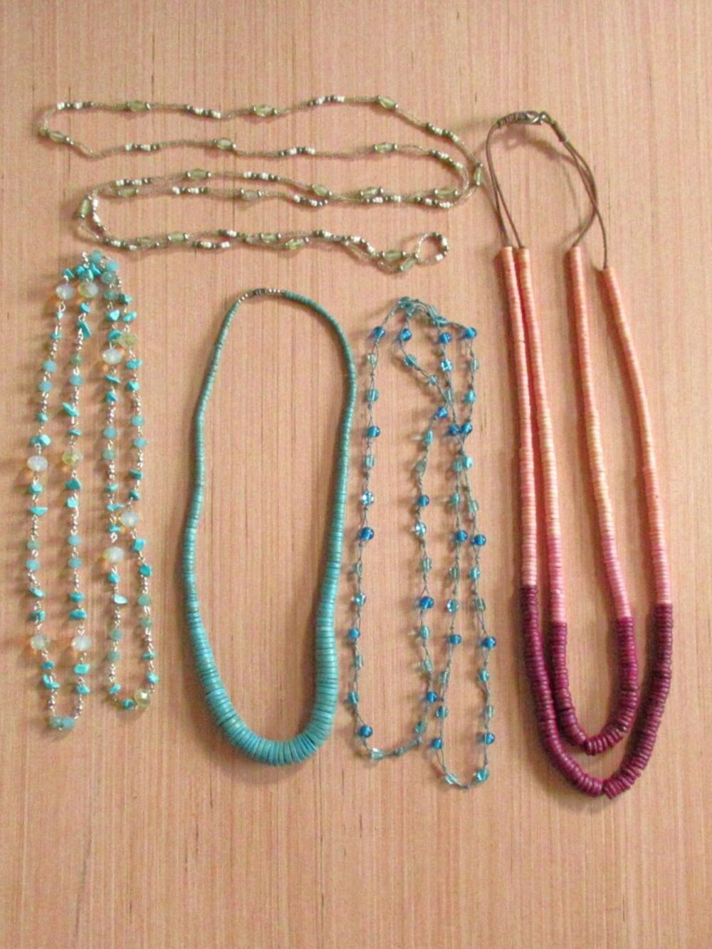 Lot of 5 Handmade Beaded Necklaces – Turquoise, Glass, Wood Disc, Shell Ombre